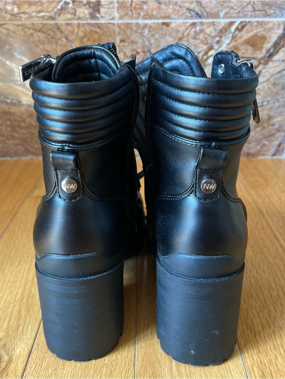 Nine West Black Lace-Up Platform Combat Boots with Silver Hardware - Picture 4 of 7